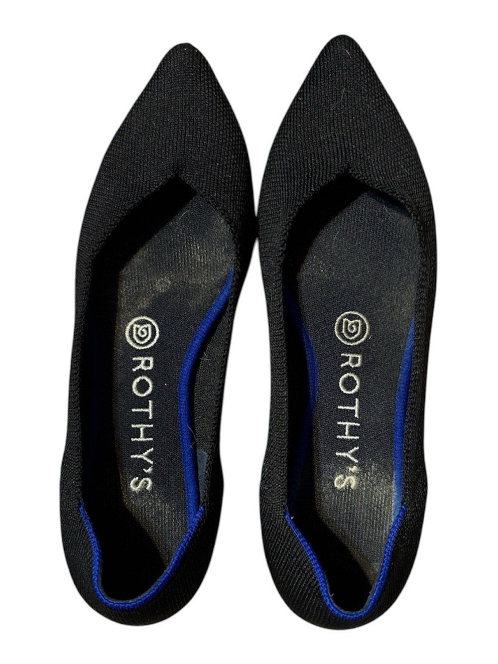 Rothy's Black Pointed Knit Flats with Blue Trim